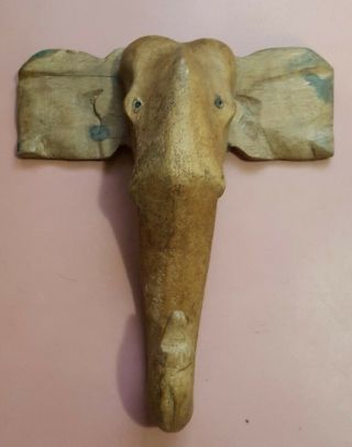 Vintage Hand Carved Wooden Elephant Head Wall Hooks Art Wood Hanger 6 " X5.  5 "