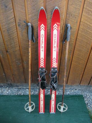 Vintage Wooden Skis 41 " Long W/ Leather Bindings,  Bamboo Pole Signed Chalet