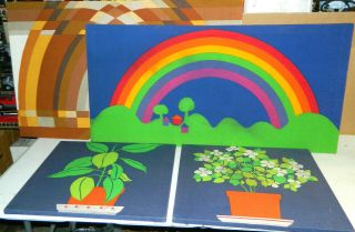 4 Vintage Mid Century Modern Mcm Fabric Framed Art Plants Rainbow Tampella