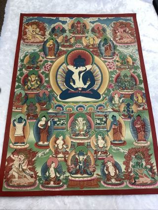 Vtg Thangka Samantabhadra Primordial Buddha Tantric Paubha Buddhist Art 27x18.  75