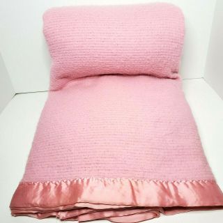 Vintage Waffle Weave Acrylic Blanket Satin Trim Pink Thermal Full 72 " X 86 " Usa