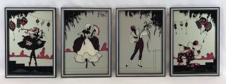 Set Of 4 Vintage Art Deco Reverse Painted Glass Silhouettes Mardi Gras Harlequin