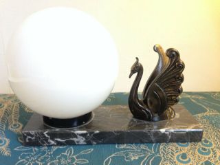 French Art Deco Spelter Swan Table Lamp - Marble Base - Wired -