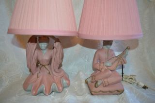 Pair Mid Century Oriental Figurine Chalkware Table Lamps,  Boudoir Pleated Shades