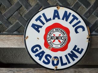 Vintage Atlantic Gasoline Motor Oils 11 3/4 " Porcelain Gas & Oil Sign Lubester