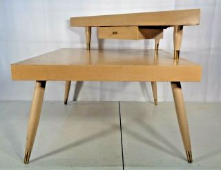 Vtg Mid Century Modern Blonde 2 Tier End Side Corner Table With Drawer 1960 