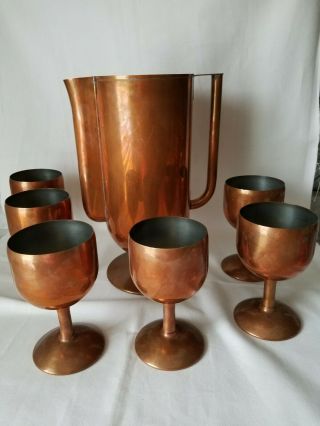 Vintage Norman Bel Geddes Art Deco Revere Copper Large Pitcher & Goblets