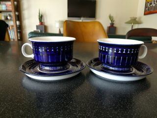 4 Piece Arabia Finland Blue Valencia Coffee Cups & Saucers Mid Century Modern