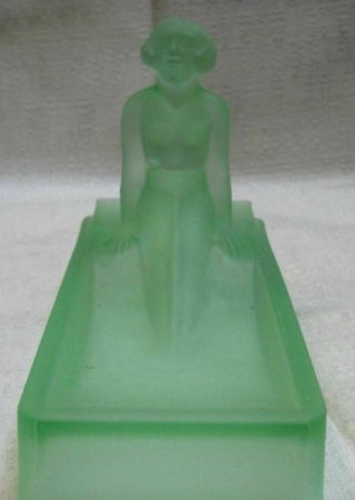 Vintage Art Deco Nude Lady Bathing Green Frosted Glass Dish or Ring Tray USA 2