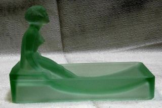Vintage Art Deco Nude Lady Bathing Green Frosted Glass Dish or Ring Tray USA 3
