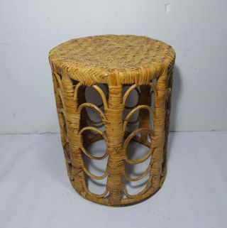 Vintage Mcm Round Wicker Rattan Bentwood Bamboo Table Plant Stand Stool Peacock
