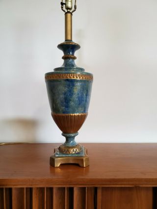 Vtg Mid Century Ceramic Urn Blue Hollywood Regency Table Lamp Tall 40 "