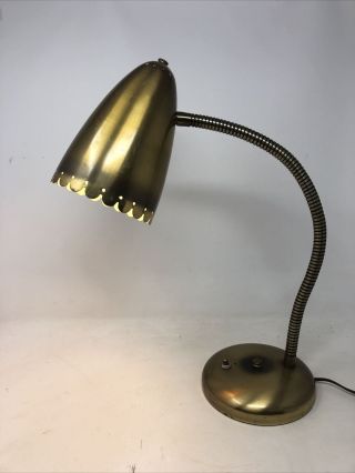 Vintage Mid Century Modern Brass Desk Lamp - Gooseneck Cone Shade Atomic Era