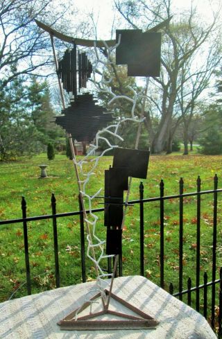 Mcm Metal Abstract Floor Sculpture Hand Wrought Art 3ft Tall Stand Black & White