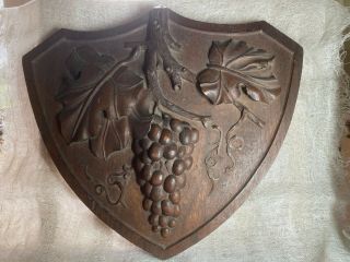 Antique Carved Arts & Crafts Wooden Shield Depicting Grapes & Vine