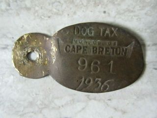 Old Vintage 1936 Brass Cape Breton Dog Tax Tag 961