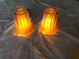 Vintage Iridescent Marigold Carnival Glass Fitter Lamp Shade Shades Ribbed 2 Pc.