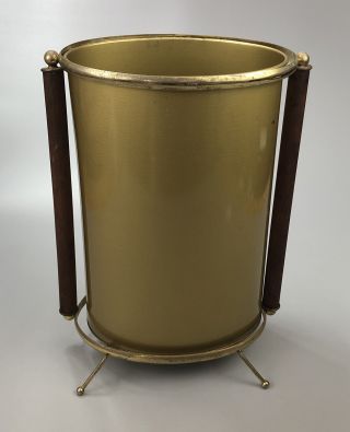 Vtg Mid Century Modern Atomic Brass And Wood Wastebasket With Legs Trash Can Aa