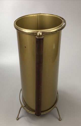 VTG Mid Century Modern Atomic Brass and Wood Wastebasket with Legs Trash Can AA 2