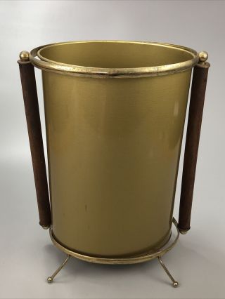 VTG Mid Century Modern Atomic Brass and Wood Wastebasket with Legs Trash Can AA 3