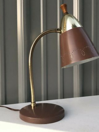 Vintage Mid Century Modern Brown Brass Desk Lamp Gooseneck Cone Metal Atomic