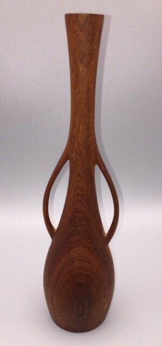 Vintage Mid Century Modern Hand Carved Wood Bud Vase 9.  5 " Tall 2 Handle Unsigned