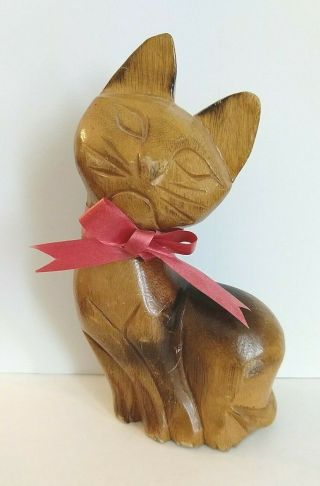 Vintage Mid Century Monkey Pod Siamese Cat Figure 6 " Hand Carved Wood
