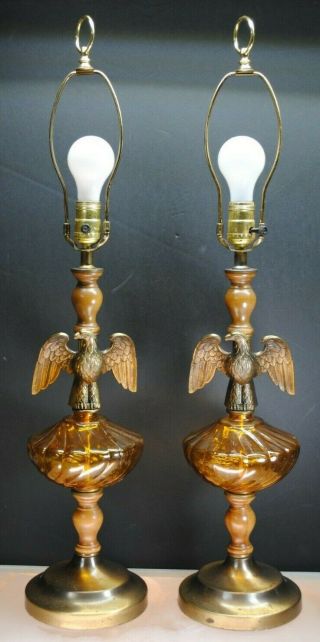Rare (pair) Vintage Metal Eagle Amber Glass Lamp Collectible Decor
