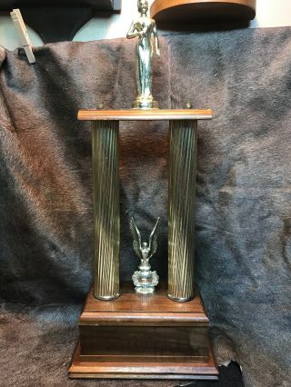 Vintage Beauty Pageant Two Tier Wooden Trophy.  With Two Pillars And An Eagle.  20”