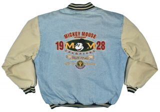 Vintage 90 ' s MICKEY MOUSE 1928 League Champions Bomber Denim Varsity Jacket Sz L 2