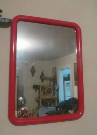 Vintage Mid Century Modern Red Plastic Wall Hanging Mirror 24 Tall