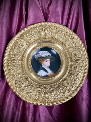 Antique Royal Vienna Style Hand Painted Portrait Plate Brass Repousse Frame Lrg