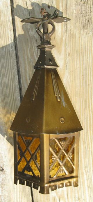 Vintage Art Deco Arts & Crafts Stained Glass Lantern Hanging Lamp Light
