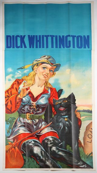 Lrg 1930s Dick Whittington 3 Sheet Stone Litho Theater Poster Pin - Up Fairy Tale