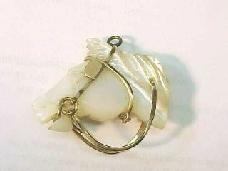 Vintage Hand Carved Mother Of Pearl Horse Head & Gold Bridle Shell Pendant