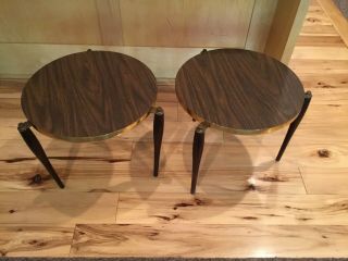 Mid - Century Modern Set Of 2 Round Stacking End Tables Wood Legs & Laminated Top