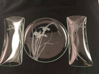 Dorothy Thorpe Etched Glass Floral Iris Serving Tray Set Of 3 Hollywood Regency