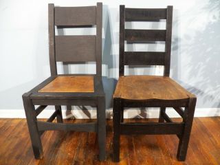 Two Arts & Crafts Chairs Tiger Oak Mission Need Restored,  Leather Seat