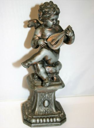 Antique Art Nouveau Spelter Sculpture Cherub Playing A Lute Figure 9in High