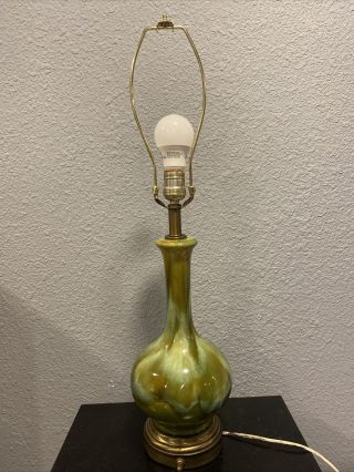 Vtg Mid Century Modern Drip Glaze Green Brown Ceramic Table Lamp - No Shade
