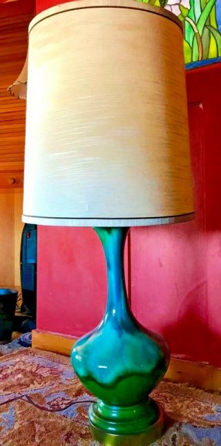 Gorgeous Vtg Mid Century Mod Blue Green Drip Glaze Tall Table Lamp Brass Base