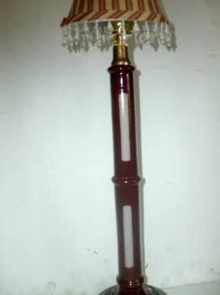 RUBY RED & IVORY GLASS SKYSCRAPER LAMP 1940 ' s art deco STRIPED SHADE 21 ' TALL 2