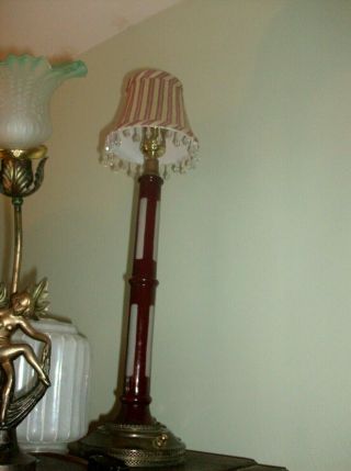 RUBY RED & IVORY GLASS SKYSCRAPER LAMP 1940 ' s art deco STRIPED SHADE 21 ' TALL 3