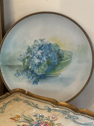 Antique Tin Litho Plate,  Blue Violets Aqua 17 1/2 “ Victorian