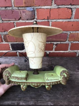 Rare Vintage Mid Century Modern Chalkware Table Lamp With Fiber Swirls Shades