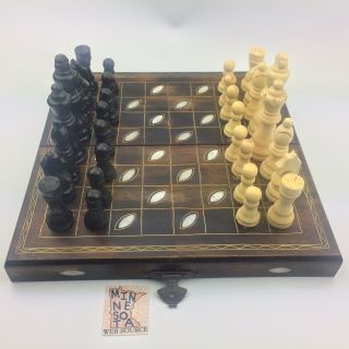 Vtg Wood Backgammon Chess Folding Board Set Inlay Onyx Copper Metal Handcrafted