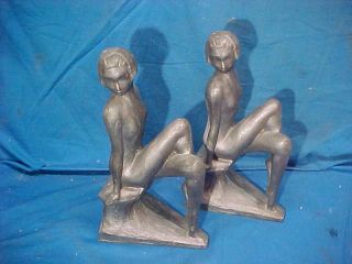 Pair 1930s Art Deco Era Nude Women Figural Cast Metal Bookends