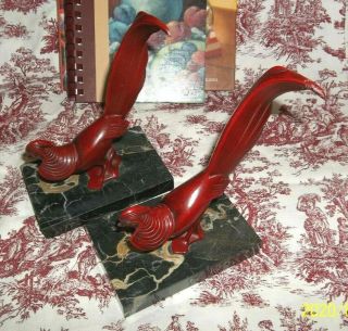 French Art Deco Spelter Bookends Cold Painted On Marble Roosters / Pheasants