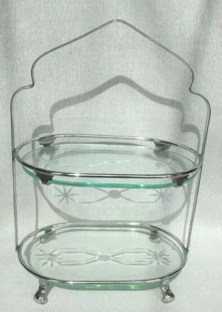 Vintage Art Deco Two Tier Etched Glass & Chrome Cake Stand Sandwich Serving Tray