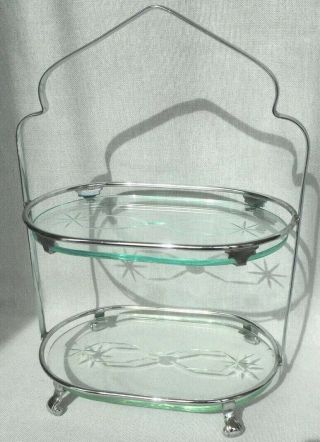 Vintage Art Deco Two Tier Etched Glass & Chrome Cake Stand Sandwich Serving Tray 2